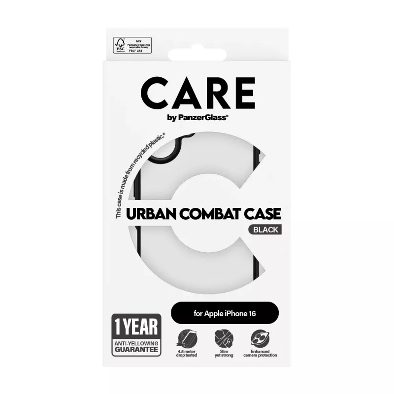 PanzerGlass CARE™ by ® Urban Combat -kotelo läpinäkyvä mustalla kehyksellä iPhone 16
