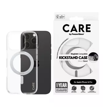PanzerGlass CARE™ by ® Case läpinäkyvä hopeisella Kickstand-telineellä & MagSafe iPhone 16 Pro