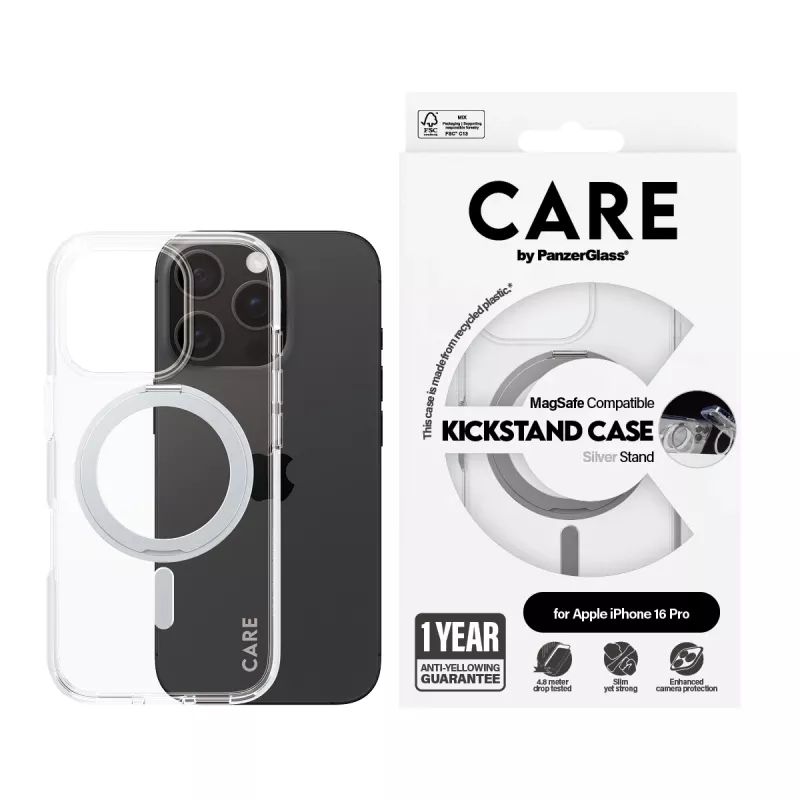 PanzerGlass CARE™ by ® Case läpinäkyvä hopeisella Kickstand-telineellä & MagSafe iPhone 16 Pro