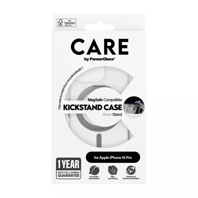 PanzerGlass CARE™ by ® Case läpinäkyvä hopeisella Kickstand-telineellä & MagSafe iPhone 16 Pro