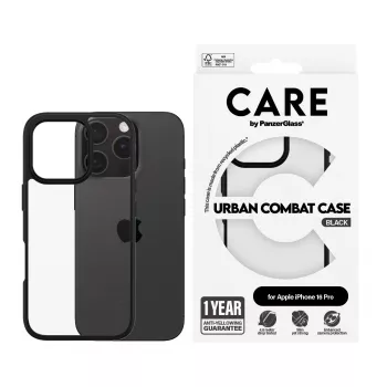 PanzerGlass CARE™ by ® Urban Combat -kotelo läpinäkyvä mustalla kehyksellä iPhone 16 Pro