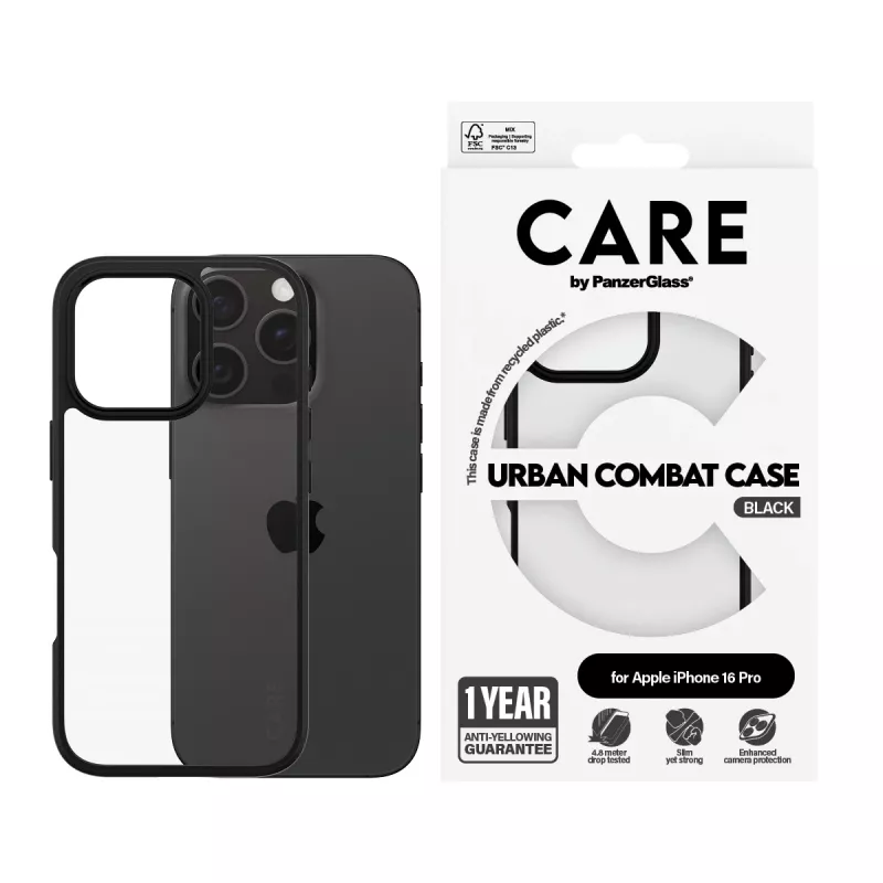 PanzerGlass CARE™ by ® Urban Combat -kotelo läpinäkyvä mustalla kehyksellä iPhone 16 Pro