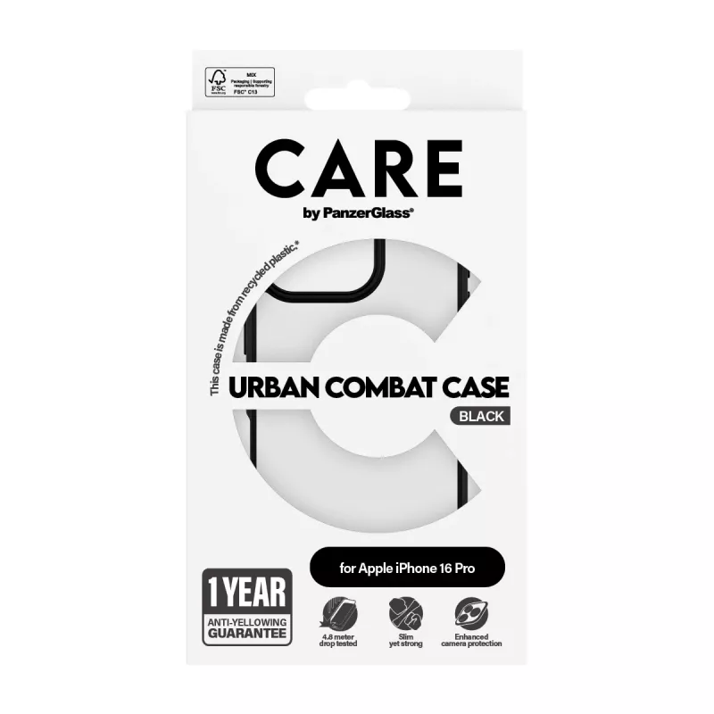 PanzerGlass CARE™ by ® Urban Combat -kotelo läpinäkyvä mustalla kehyksellä iPhone 16 Pro