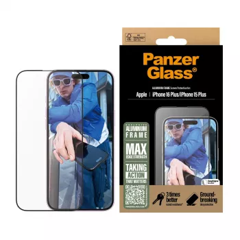 PanzerGlass® näytönsuoja alumiinikehyksellä iPhone 16 Plus | 15 Plus | Ultra-Wide Fit