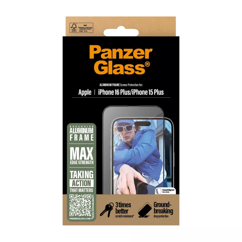 PanzerGlass® näytönsuoja alumiinikehyksellä iPhone 16 Plus | 15 Plus | Ultra-Wide Fit
