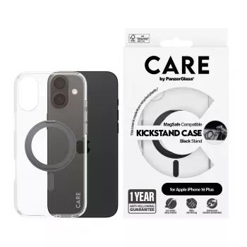 PanzerGlass CARE™ by ® Case läpinäkyvä mustalla Kickstand-telineellä & MagSafe iPhone 16 Plus