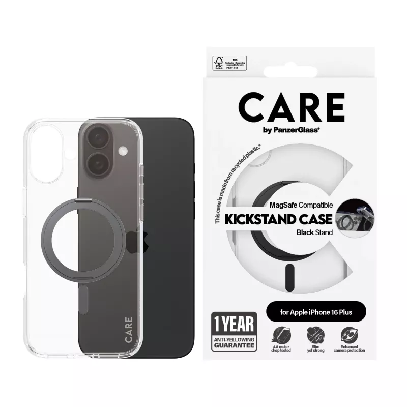 PanzerGlass CARE™ by ® Case läpinäkyvä mustalla Kickstand-telineellä & MagSafe iPhone 16 Plus