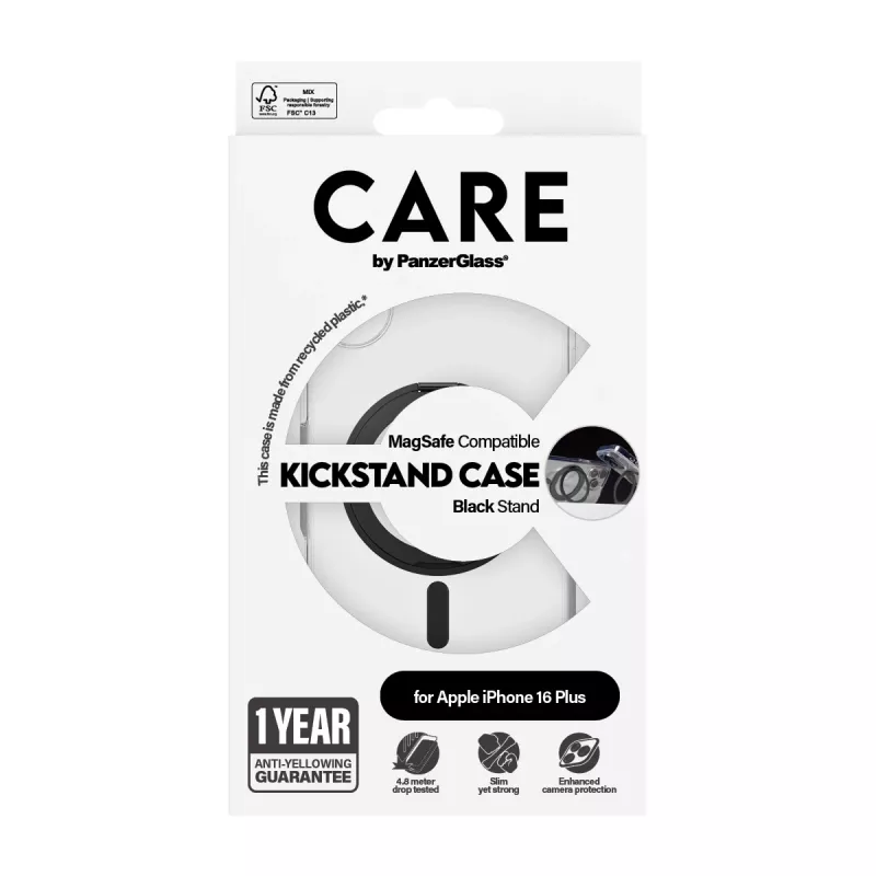 PanzerGlass CARE™ by ® Case läpinäkyvä mustalla Kickstand-telineellä & MagSafe iPhone 16 Plus