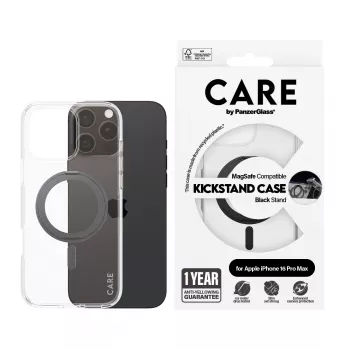 PanzerGlass CARE™ by ® kuori läpinäkyvä mustalla Kickstand-telineellä & MagSafe iPhone 16 Pro Max