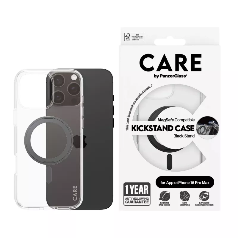 PanzerGlass CARE™ by ® kuori läpinäkyvä mustalla Kickstand-telineellä & MagSafe iPhone 16 Pro Max
