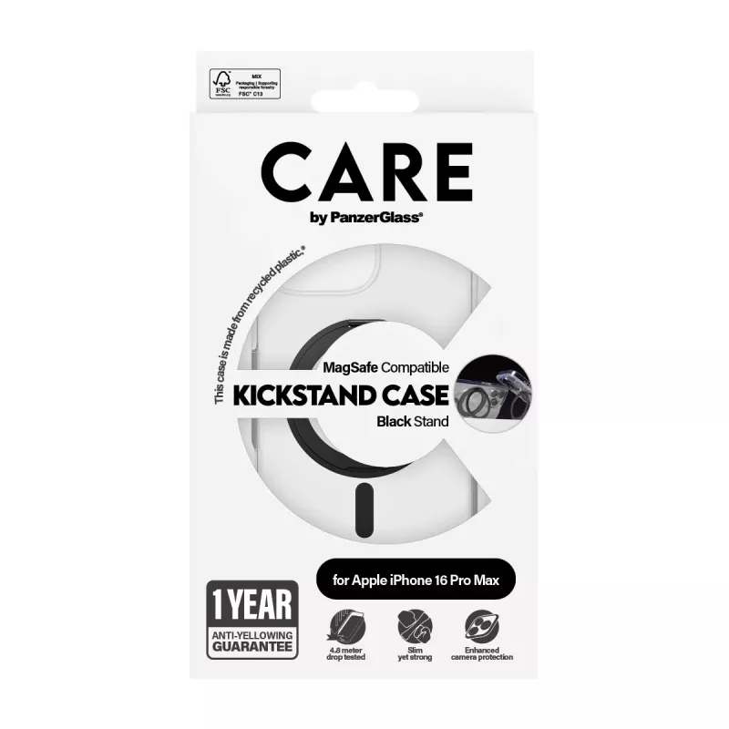 PanzerGlass CARE™ by ® kuori läpinäkyvä mustalla Kickstand-telineellä & MagSafe iPhone 16 Pro Max