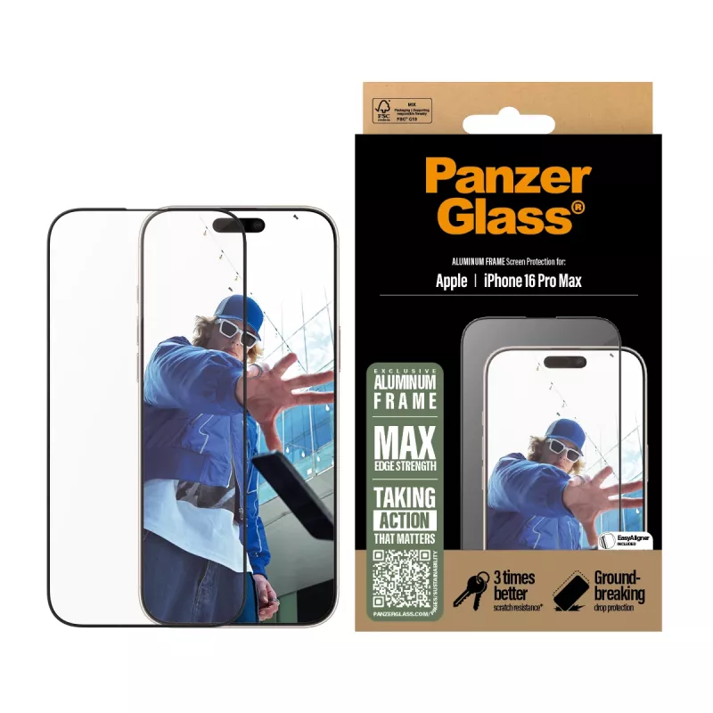 PanzerGlass® näytönsuojakalvo alumiinikehys iPhone 16 Pro Max | Ultra-Wide Fit
