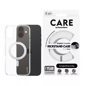 PanzerGlass CARE™ by ® läpinäkyvä kuori hopeisella Kickstand-telineellä & MagSafe iPhone 16 Plus