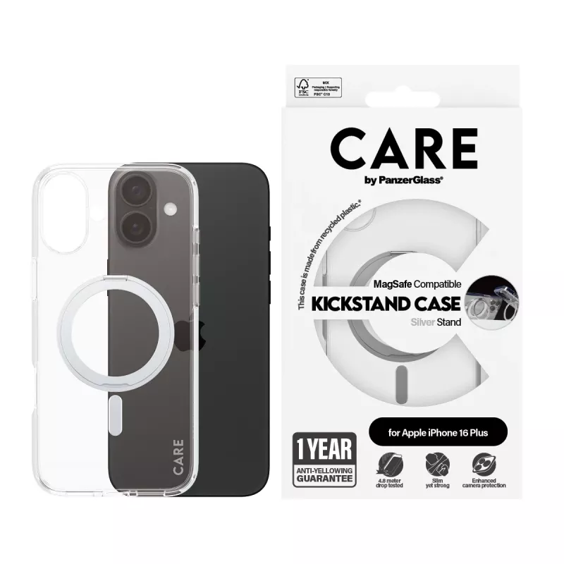 PanzerGlass CARE™ by ® läpinäkyvä kuori hopeisella Kickstand-telineellä & MagSafe iPhone 16 Plus