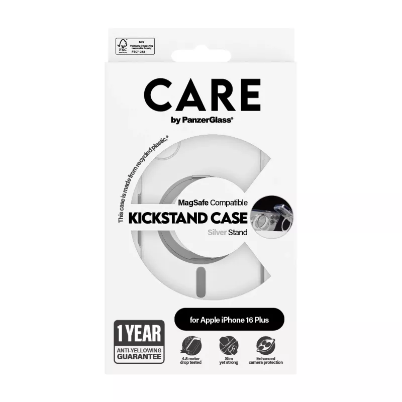 PanzerGlass CARE™ by ® läpinäkyvä kuori hopeisella Kickstand-telineellä & MagSafe iPhone 16 Plus