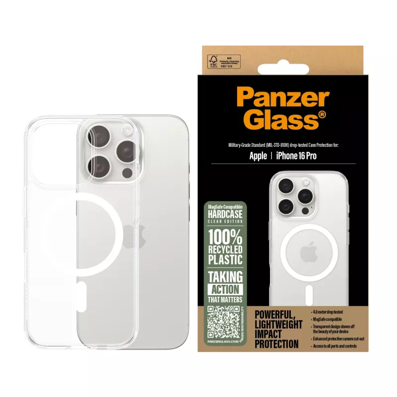 PanzerGlass HardCase läpinäkyvä suojakotelo valkoisella MagSafe-tuella iPhone 16 Pro