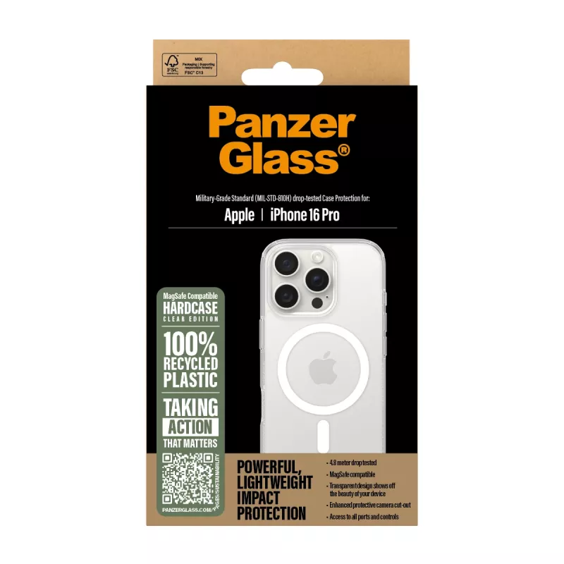 PanzerGlass HardCase läpinäkyvä suojakotelo valkoisella MagSafe-tuella iPhone 16 Pro