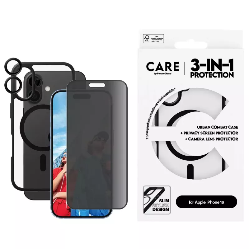 PanzerGlass ® | CARE by ® Flagship 3-in-1 Privacy -paketti iPhone 16