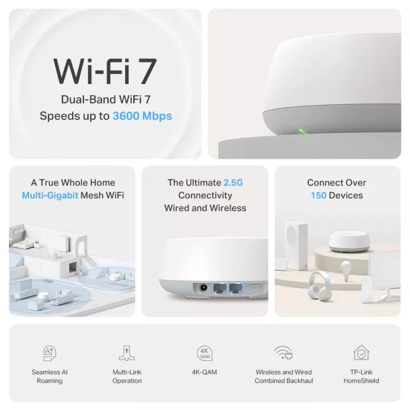 TP-Link BE3600 Whole Home Mesh Wi-Fi 7 -järjestelmä, 2.5G Multi Gigabit