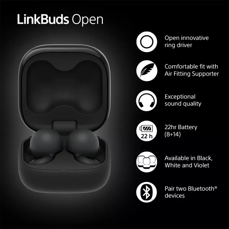 Kuulokemikrofoni Sony LinkBuds Open WFL910B — langaton Bluetooth In-Ear, 20–20.000 Hz, 10 m kantama, 63 g, musta