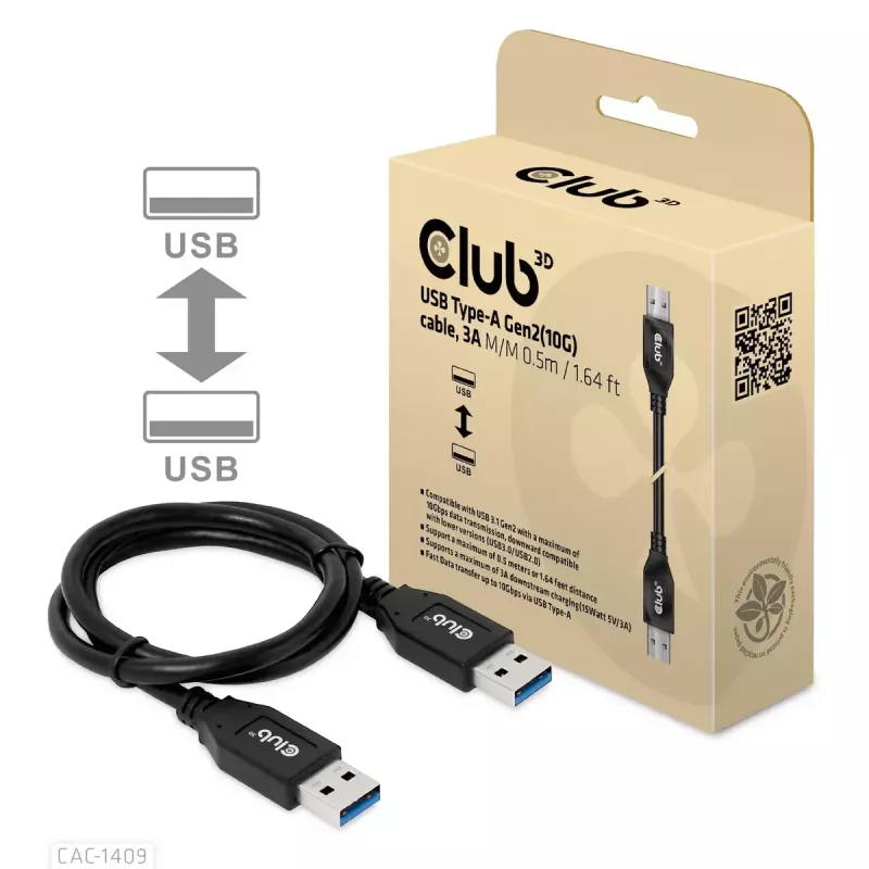 CLUB3D USB Type-A Gen2(10G) kaapeli, 3A M/M 0.5m / 1.64 ft