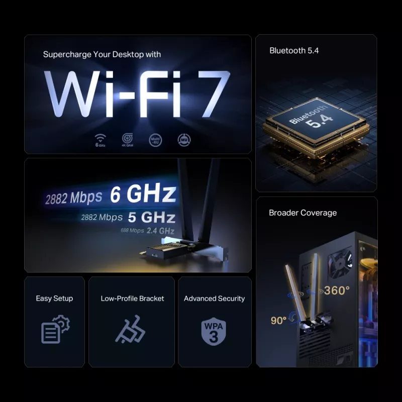 TP-Link BE6500 sisäinen WLAN/Bluetooth 2880 Mbit/s Tri-band Wi-Fi 7