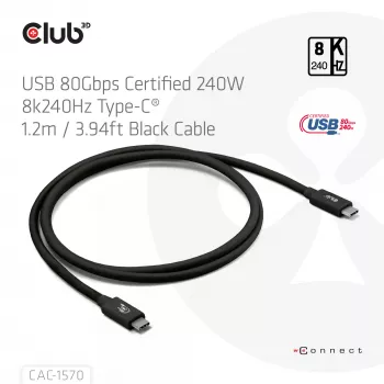 USB Type-C-kaapeli CLUB3D CAC-1570 1,2m — 80Gbps, 240W, tukee 8K@240Hz, musta