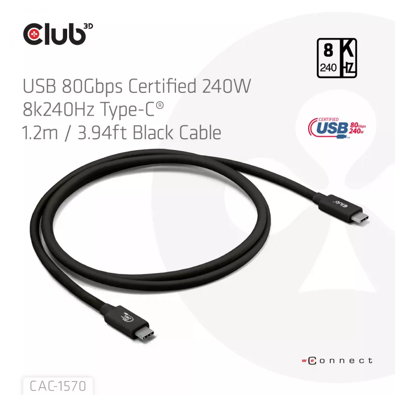 USB Type-C-kaapeli CLUB3D CAC-1570 1,2m — 80Gbps, 240W, tukee 8K@240Hz, musta