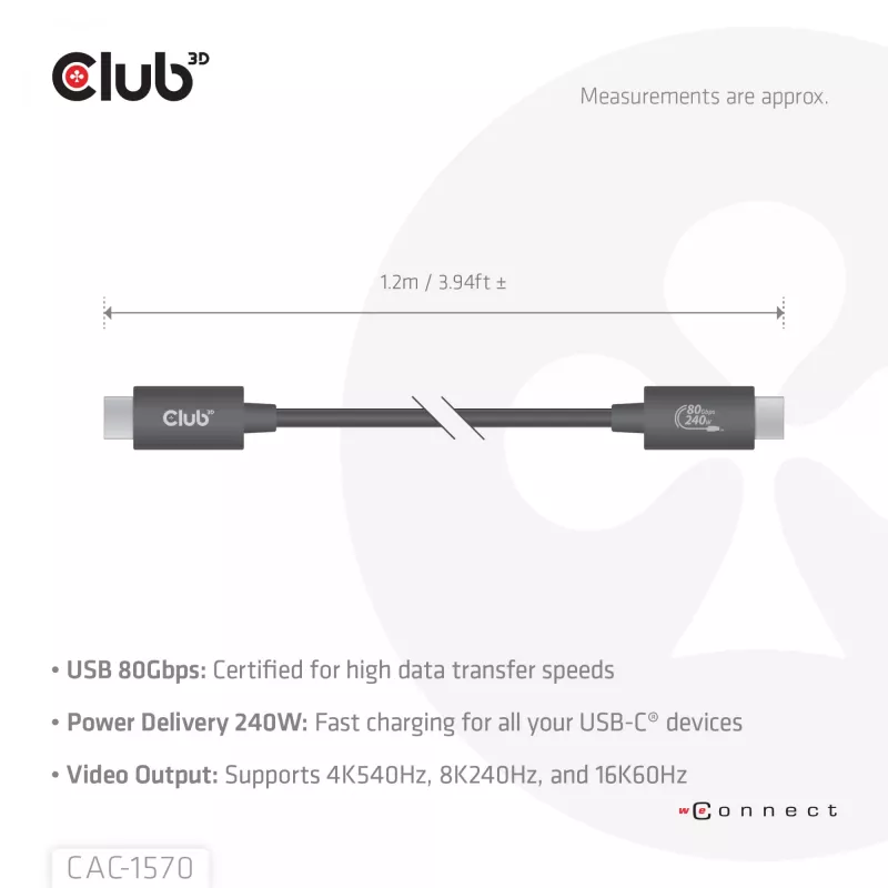 USB Type-C-kaapeli CLUB3D CAC-1570 1,2m — 80Gbps, 240W, tukee 8K@240Hz, musta