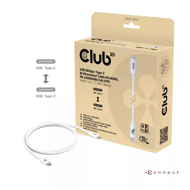 Club3D CAC-1572 USB 80 Gbps -sertifioitu kaapeli, USB-C – USB-C, 240 W PD, 8K240Hz, 1,2 m, valkoinen