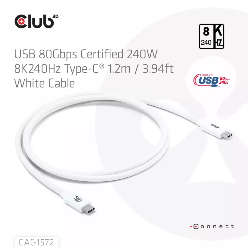 Club3D CAC-1572 USB 80 Gbps -sertifioitu kaapeli, USB-C – USB-C, 240 W PD, 8K240Hz, 1,2 m, valkoinen