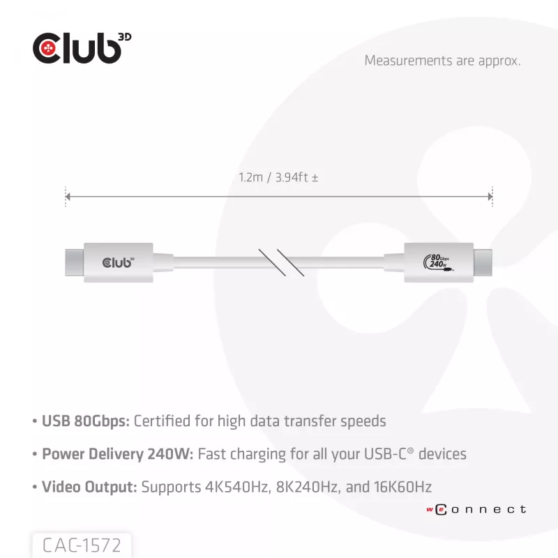 Club3D CAC-1572 USB 80 Gbps -sertifioitu kaapeli, USB-C – USB-C, 240 W PD, 8K240Hz, 1,2 m, valkoinen