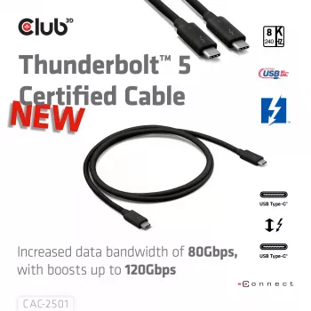 CLUB3D Thunderbolt™ 5 sertifioitu kaapeli 8K240Hz data 80/120 Gbps EPR 240 wattia M/M 1m / 3,28ft