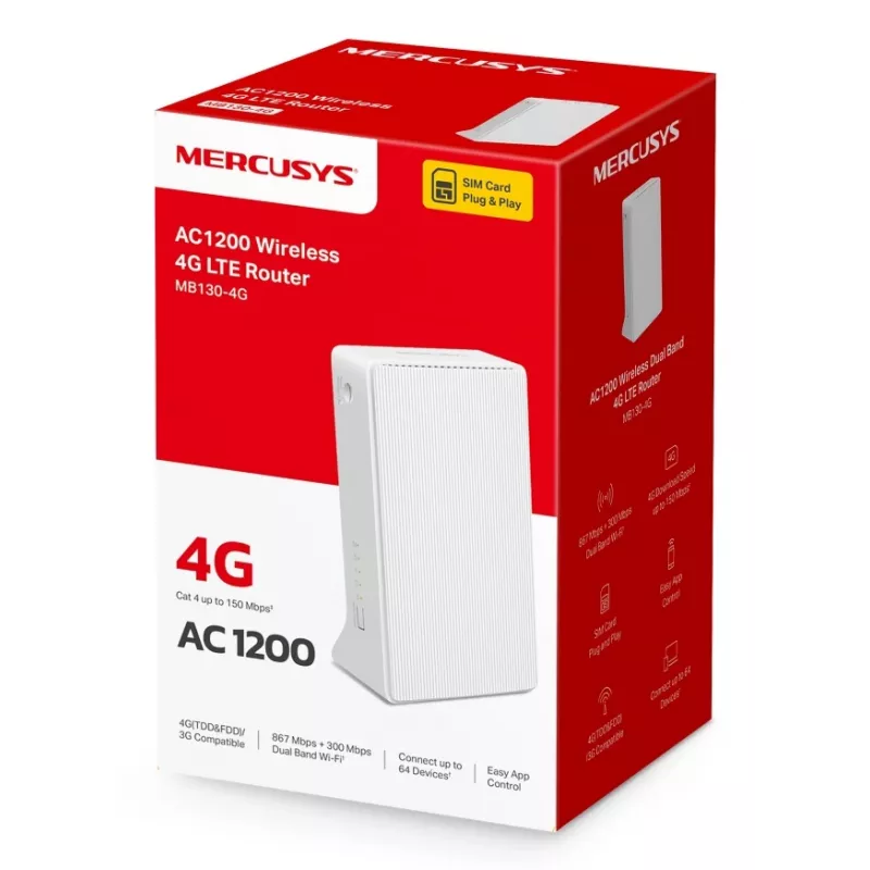 MERCUSYS MB130-4G WLAN-reititin Ethernet Dual-Band (2,4 GHz / 5 GHz) – valkoinen