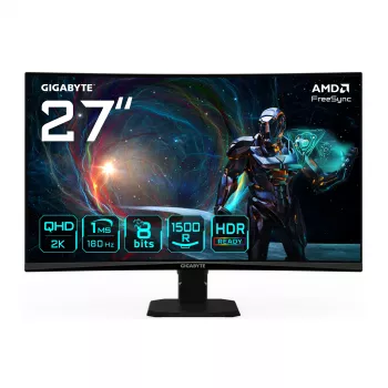 GIGABYTE GS27QCA 27 tuuman QHD kaareva pelinäyttö - 2560 x 1440, 180Hz, 1ms, 250 cd/m², FreeSync, HDR Ready, HDMI 2.0, DisplayPort 1.4