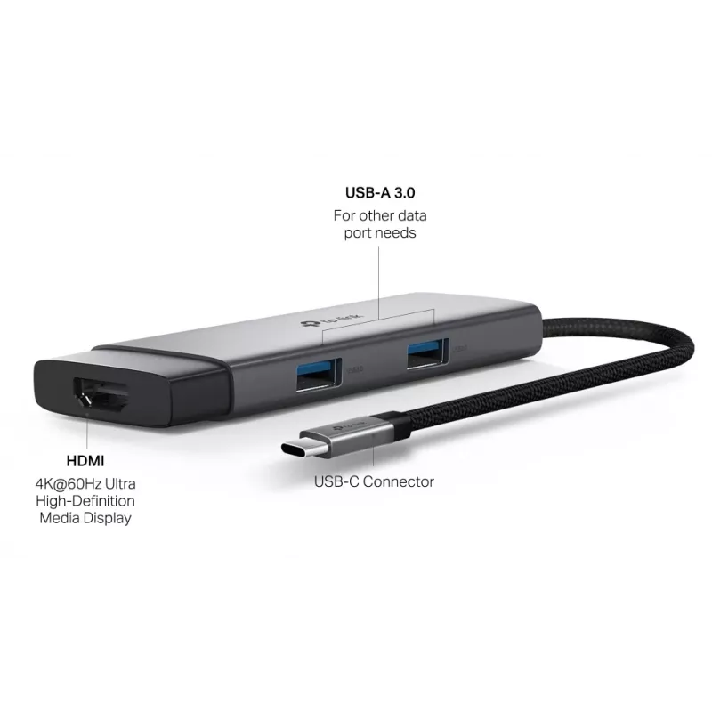 TP-Link UH5020C USB-C-hubi, 5 porttia, HDMI 4K@60Hz, 100 W Power Delivery, 1x USB-C, 2x USB-A, 5 Gbps, alumiini, harmaa