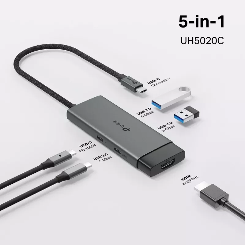 TP-Link UH5020C USB-C-hubi, 5 porttia, HDMI 4K@60Hz, 100 W Power Delivery, 1x USB-C, 2x USB-A, 5 Gbps, alumiini, harmaa