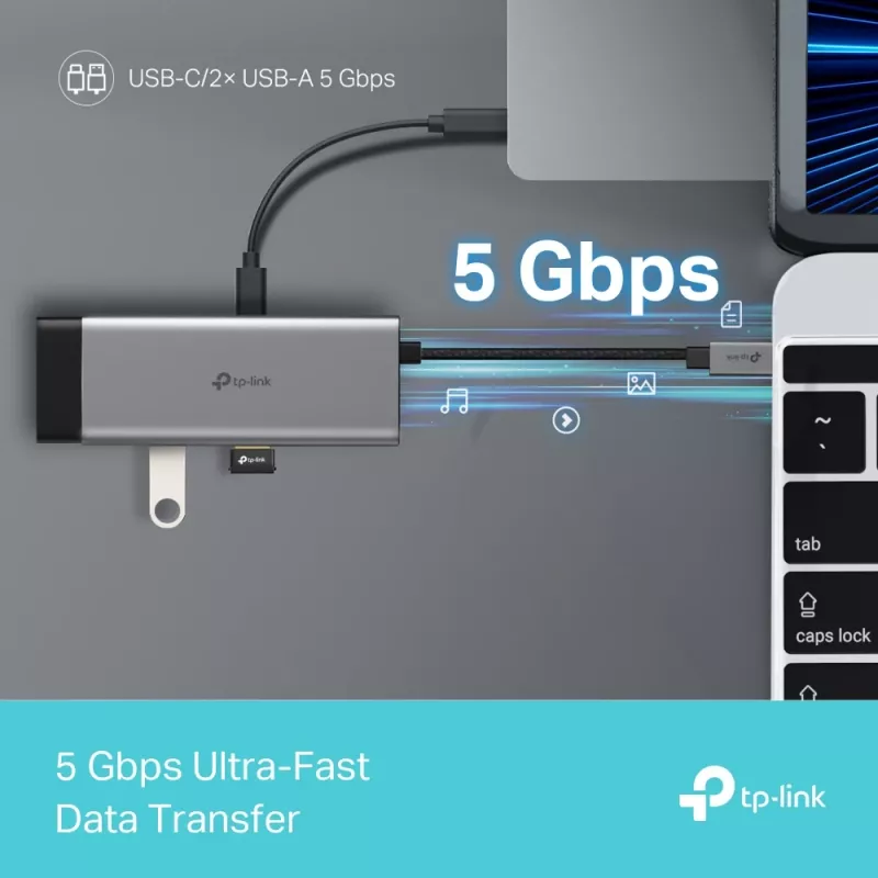 TP-Link UH5020C USB-C-hubi, 5 porttia, HDMI 4K@60Hz, 100 W Power Delivery, 1x USB-C, 2x USB-A, 5 Gbps, alumiini, harmaa