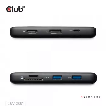 CLUB3D 8-1 kannettava telakka USB Type-C® 10Gbps HDMI™ ja DisplayPort™ 8K30Hz PD max. 100W