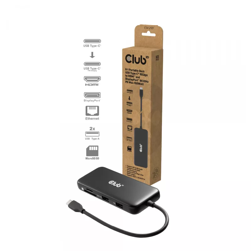 CLUB3D 8-1 kannettava telakka USB Type-C® 10Gbps HDMI™ ja DisplayPort™ 8K30Hz PD max. 100W