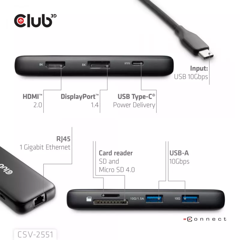 CLUB3D 8-1 kannettava telakka USB Type-C® 10Gbps HDMI™ ja DisplayPort™ 8K30Hz PD max. 100W