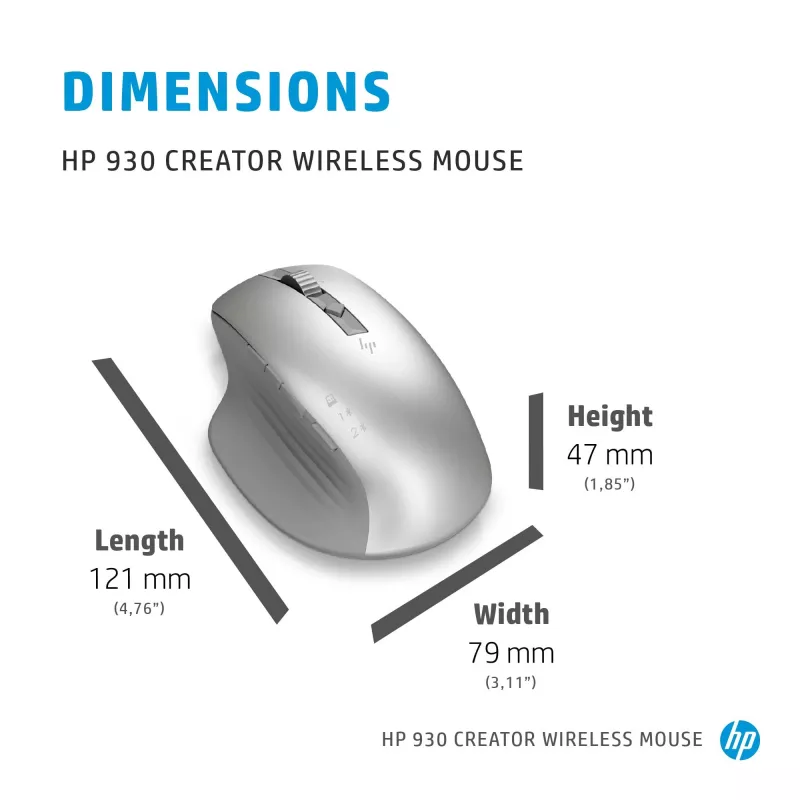 HP 930 Creator langaton hiiri, oikeakätinen, Bluetooth, 3000 DPI, hopea