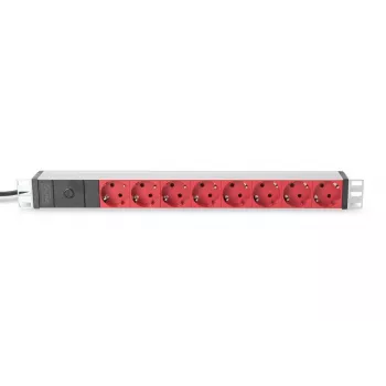 DIGITUS 1U alumiininen PDU, asennettavissa räkkiin, 10A pistoke, 250VAC 50/60Hz, 8x punainen CEE 7/7 pistorasia esisuojattu, IEC C14 pistoke