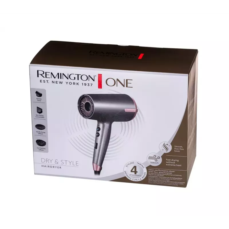 Hiustenkuivaaja Remington D6077 2000 W, ionitoiminto, kylmäasetus, diffuusori, 3 lämpötila-asetusta, harmaa/pronssi