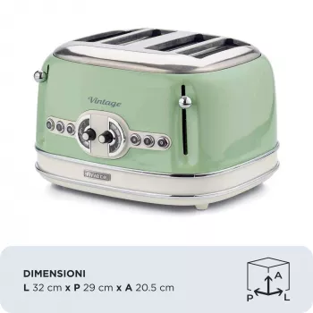 Ariete 156 4 viipaleen vintage-leivänpaahdin, 1600 wattia, 6 ruskistusastetta, lakattu ruostumaton teräs pastellinvihreä, ilman voileipäkoreja. vihreä