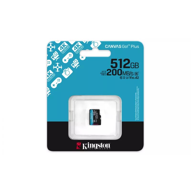 Kingston Technology 512GB microSDXC Canvas Go Plus Gen4 200R A2 U3 yksittäispakkaus ilman adapteria