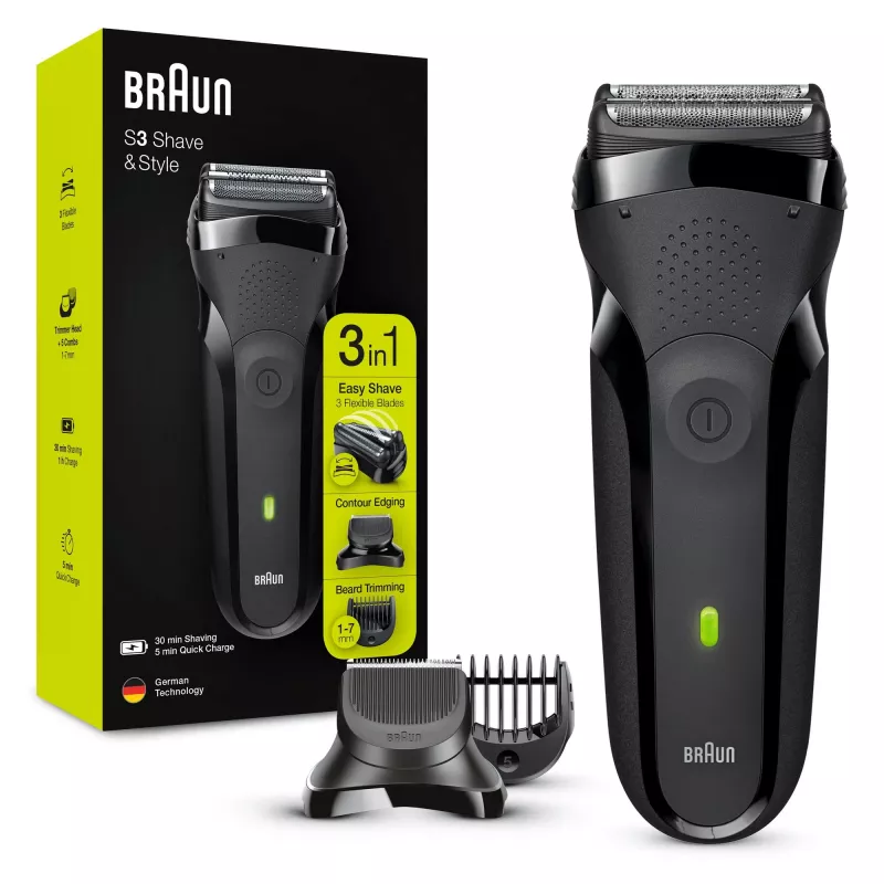 Braun Series 3 Shave&Style 300BT sähköparranajokone, parranajokone miehille, musta