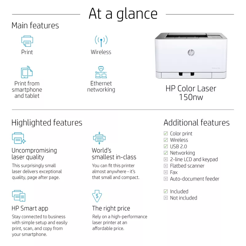 HP Color Laser 150nw, laser, väri, 600 x 600 DPI, A4, 18 ppm, kaksipuolinen tulostus