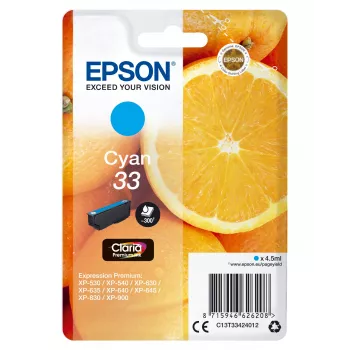 Epson oranssi yksittäispakkaus syaani 33 Claria Premium muste, vakiokesto, syaani, 4,5 ml, 1 kpl, 300 sivua