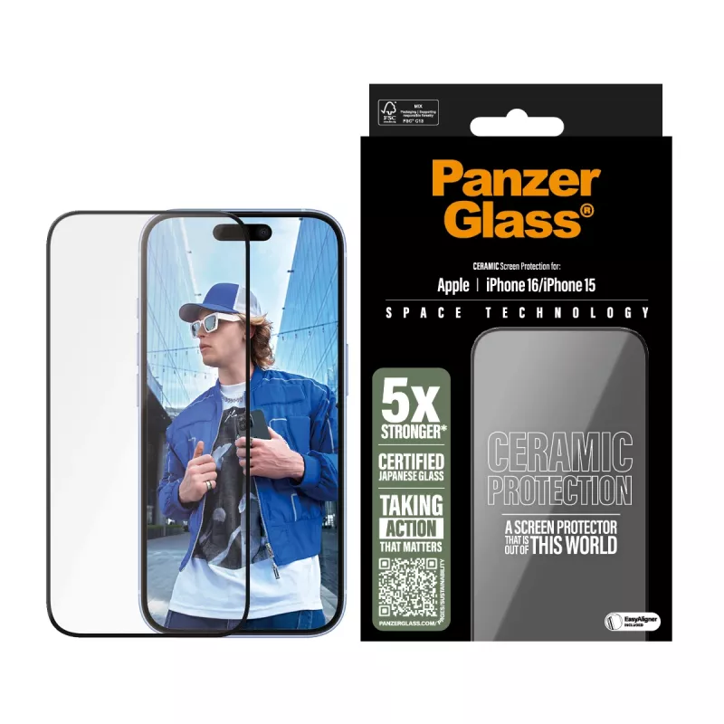 PanzerGlass ® Ceramic näytönsuoja iPhone 16 | 15 | Ultra-Wide Fit EasyAligner-telineellä